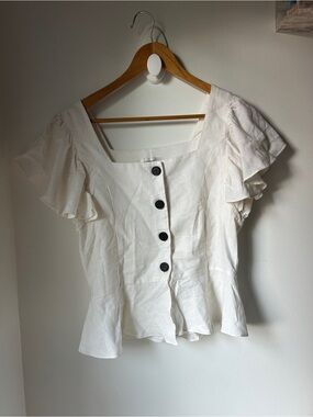 Storets Linen White Square-Neck Button Front Ruffle Sleeve Top